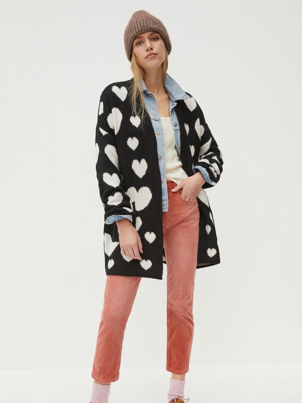 Anthropologie Black and White Heart-Print Open-Front Cardigan